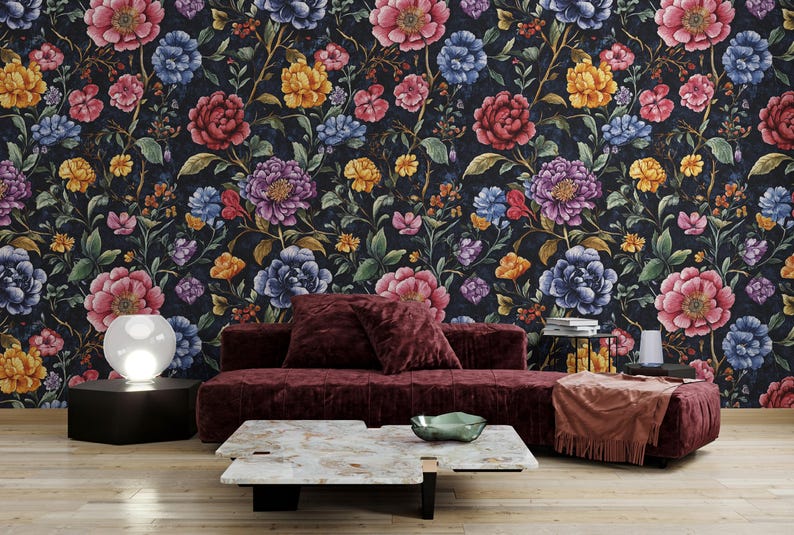 Dark Floral Wallpaper Mural | Black Peony Rose Botanical Peel Stick ...