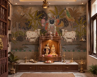 Tropical Srinathji Pichwai Wallpaper | Peel and Stick Indian Cow & Krishna Pooja Room Mural