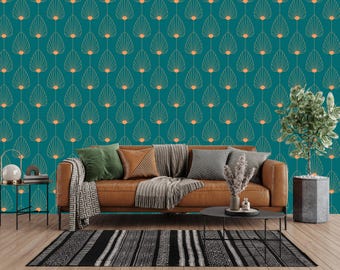 Geometric Leaf Wallpaper | Teal Green Peach Line Pattern | Art Deco | Living Room | Peel Stick