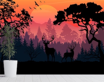 Forest Sunset Deer Wall Mural, Orange Pink Nature Silhouette, Living Room Peel Stick Wallpaper