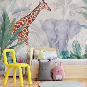 Nursery Jungle Wallpaper Mural | Safari Animal Wall Art for Kids Room | Watercolor Safari Theme | Tropical Peel and Stick Wallpaper