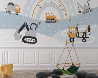 Construction wallpaper peel stick kids room Scandinavian nursery boys playroom removable mural calming modern