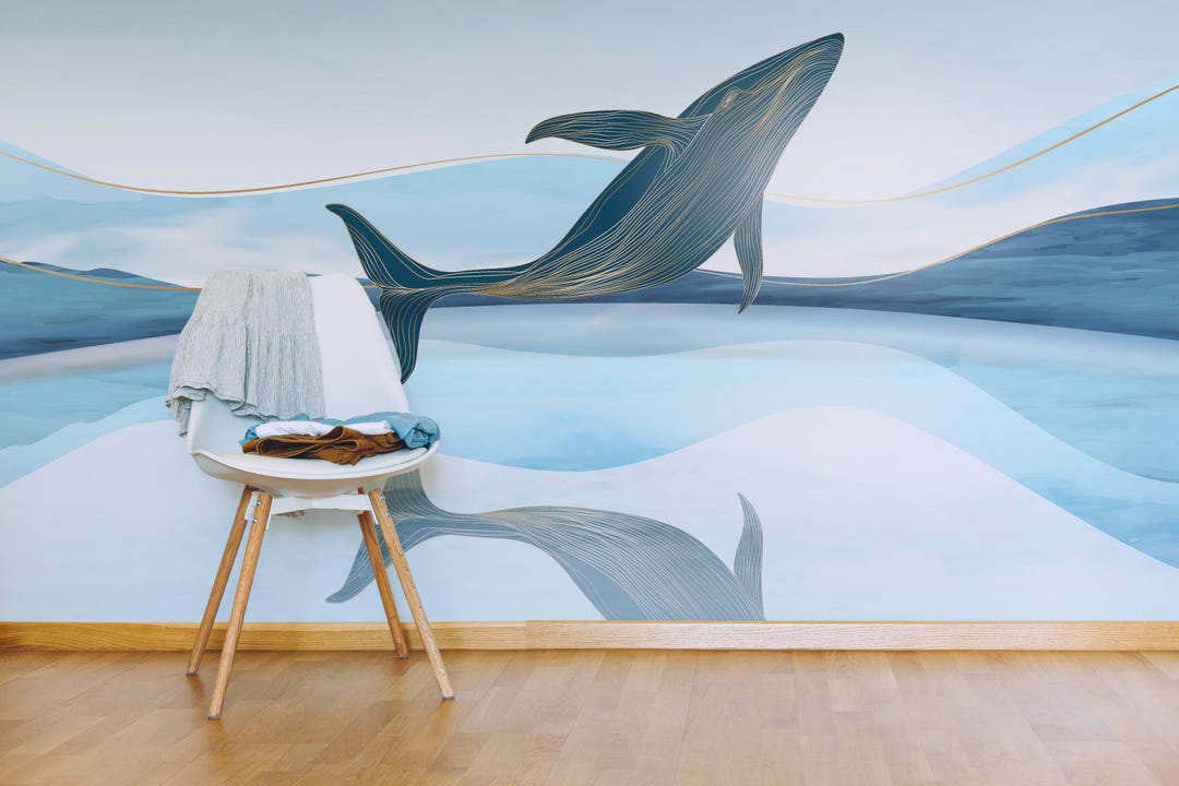 Blue Whale Ocean Wallpaper | Abstract Wall Art | Coastal Peel and Stick ...