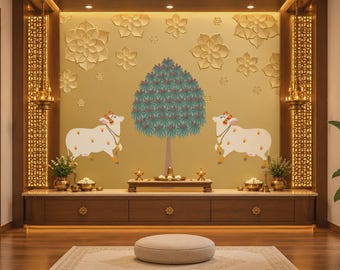Green Golden Pichwai Wall Mural | Peel and Stick Cow Tree Wallpaper