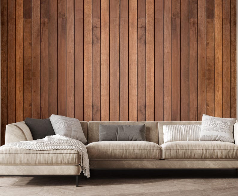 Picture of Wood Striped Wallpaper | Rustic Brown Strip Wood Paneling | Farmhouse ...