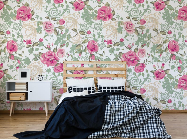 Pink Rose Floral Wallpaper Mural | Vintage Victorian Botanical Design ...
