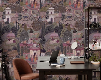 Lush Jaipur Garden Wallpaper Peel and Stick Mughal Jungle Toile Vintage Palace Wall Mural