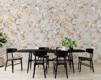 Vintage Natural Floral Peel Stick Wallpaper | Cottagecore Botanical Wall | Living Room