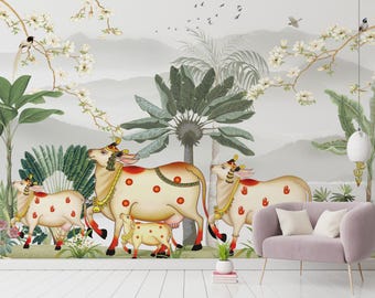 Pichwai Kamdhenu Cow Wallpaper | Indian Cultural Design | Tropical Floral Peel and Stick Mural