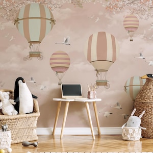 Hot Air Balloon Wallpaper | Nursery Wall Mural | Kids Room Decor | Whimsical Vintage Style | Pastel Aesthetic | Peel and Stick Sky Wallpaper