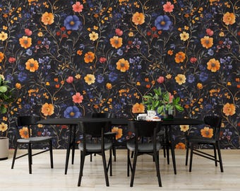Botanical Wallpaper | Dark Floral Design | Vintage Black Style | Bedroom Living Room | Peel Stick Wall