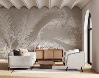 Neutral Palm Leaf Wall Mural Peel Stick Wallpaper Tropical Botanical Beige Living Room Decor