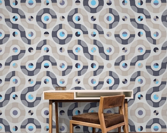 Blue Harmony Abstract Geometric Wallpaper | Retro Modern Removable Wall Design
