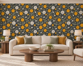 Charcoal Yellow Floral Peel and Stick Wallpaper