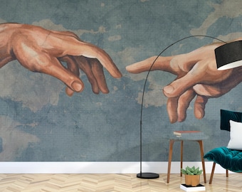 Wall Mural Wallpaper | Blue Renaissance Hand Art | Vintage Fresco Style | Living Room | Peel Stick