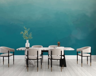 Teal Ombre Watercolor Wallpaper Removable Peel Stick Abstract Wall Mural Coastal Home Decor