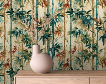 Watercolor Bamboo Peel and Stick Wallpaper | Botanical Japandi Wall Mural