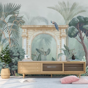 Peacock Garden Peel and Stick Wallpaper Indian Mural | Exotic Botanical Archway Design | Bedroom Mural
