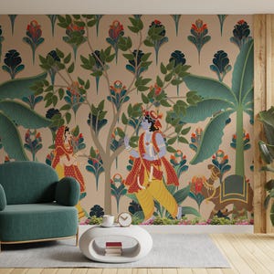 Radha Krishna vinyl mural showcasing delicate Pichwai-style folk art, printed on peel and stick wallpaper. Perfect for serene corners in Los Angeles homes, it adds cultural depth to interiors while remaining renter-friendly and removable. Ideal for meditation rooms or yoga corners.