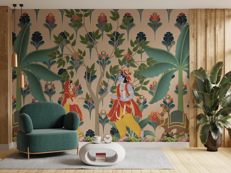 Radha Krishna vinyl mural showcasing delicate Pichwai-style folk art, printed on peel and stick wallpaper. Perfect for serene corners in Los Angeles homes, it adds cultural depth to interiors while remaining renter-friendly and removable. Ideal for meditation rooms or yoga corners.