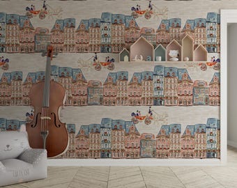 Nursery Wallpaper Peel and Stick Vintage European Town Removable Wall Mural Baby Room Decor