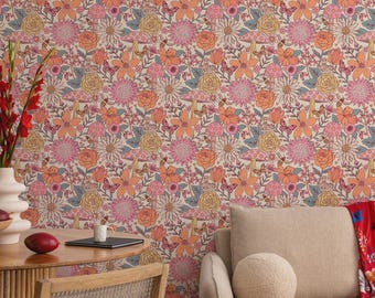 Floral Peel and Stick Wallpaper with Mushrooms and Butterflies