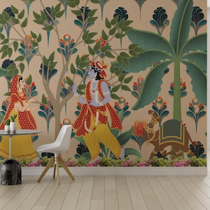 This traditional Radha Krishna mural brings sacred Pichwai painting to modern New Jersey interiors. Printed on easy-apply peel and stick wallpaper, it elevates prayer rooms or meditation spaces with its heritage-rich design and neutral tone, suited for boho or Indian-inspired spaces.