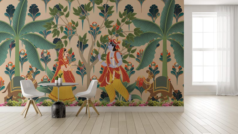 This traditional Radha Krishna mural brings sacred Pichwai painting to modern New Jersey interiors. Printed on easy-apply peel and stick wallpaper, it elevates prayer rooms or meditation spaces with its heritage-rich design and neutral tone, suited for boho or Indian-inspired spaces.