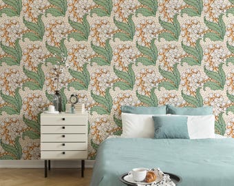 Vintage Botanical Wallpaper Green Floral Print | Orange Leaf Pattern | Retro Style | Living Room Decor