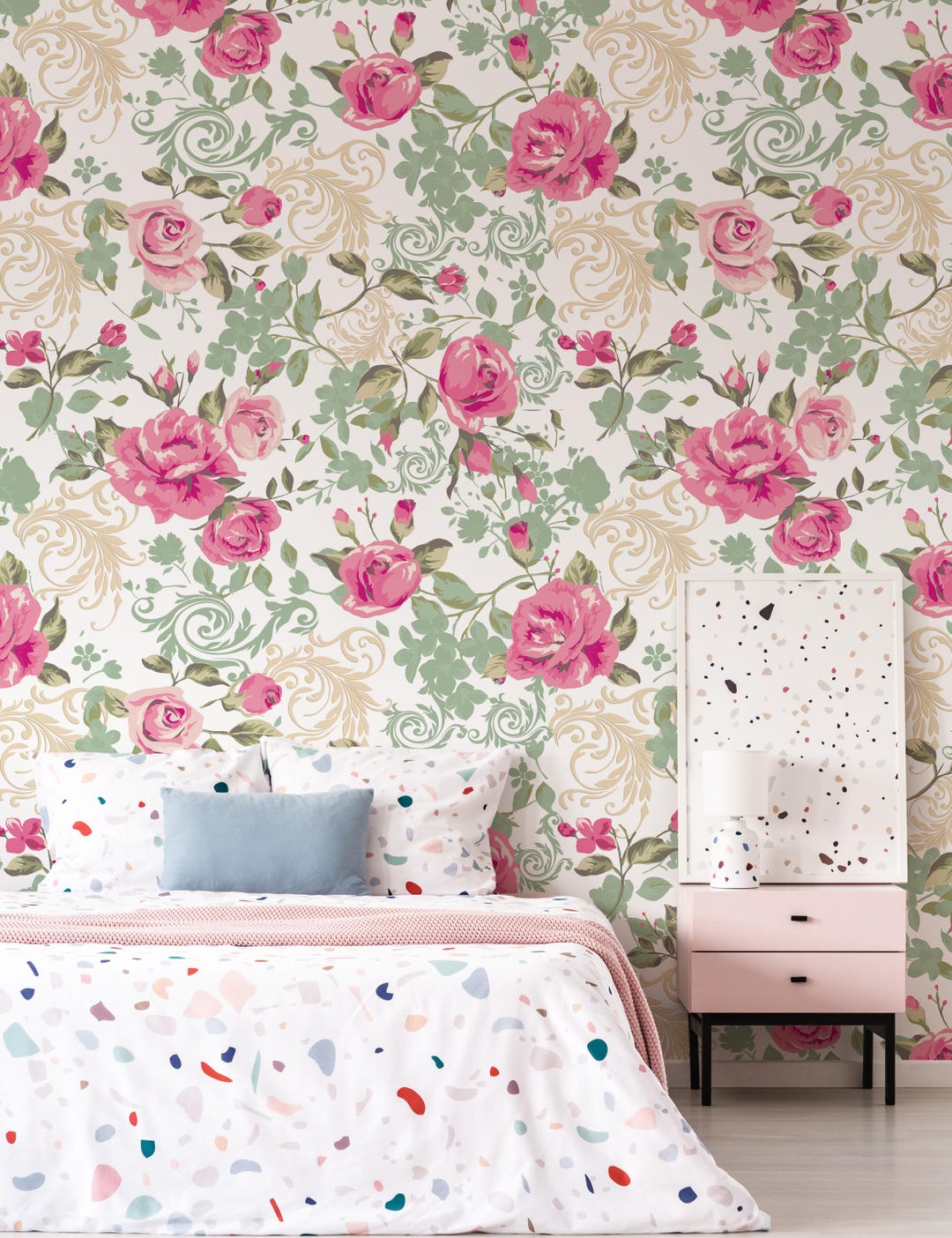 Pink Rose Floral Wallpaper Mural | Vintage Victorian Botanical Design ...
