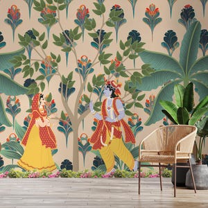 Radha Krishna Peel and Stick Wall Mural | Beige Indian Folk Art Wallpaper | Rajasthani Gujarati Style | Prayer Room Decor | Pink   Botanical