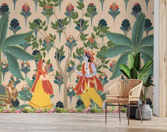 Radha Krishna Wallpaper Mural | Beige Indian Folk Art |  Pooja Room Peel Stick Wall Decor