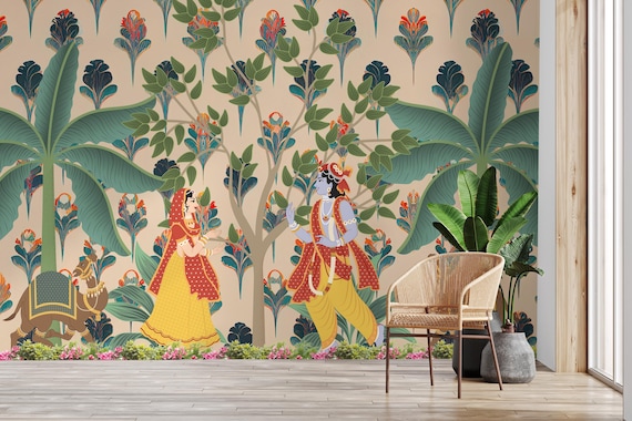 Radha Krishna Wallpaper Mural | Beige Indian Folk Art |  Pooja Room Peel Stick Wall Decor