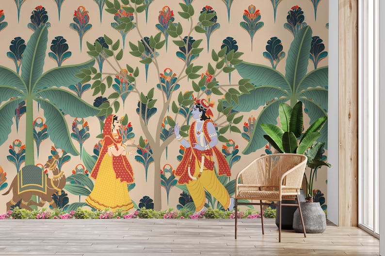 Close-up of a Radha Krishna peel and stick wall mural in classic Pichwai painting style, featuring beige and earthy tones. This vinyl wallpaper is ideal for prayer room makeovers, Indian-style living rooms, and yoga studios. A serene mural that blends devotional elegance with ease of installation—perfect for a Chicago retreat or spiritual corner in modern homes.