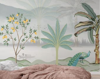 Peel and Stick Wallpaper Mural | Green Tropical Peacock Wall Decor | Chinoiserie Botanical Living Room