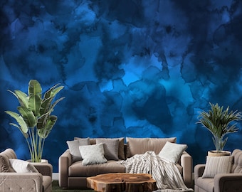 Blue Abstract Wallpaper Watercolor Wall Mural Modern Moody Ink Living Room Bedroom Peel Stick
