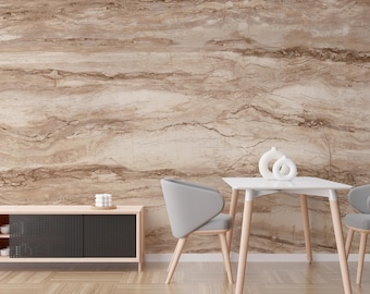 May include: A modern interior scene featuring a white table with two gray chairs, a wooden cabinet, and decorative white vases. The background is a textured brown wall, and the floor is made of wood.