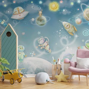 Peel and Stick Space Wallpaper Kids | Blue Watercolor Galaxy Cartoon Animal Astronauts | Whimsical Nursery Playroom Mural  | Any Custom Size