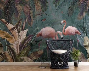 Pink Flamingo Bird Jungle Wallpaper | Pink Tropical Wall Mural | Green Leaves Boho Removable Decor