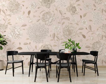 Beige Floral Peel Stick Wallpaper Vintage Botanical Removable Wall Mural for Bedroom Living Room