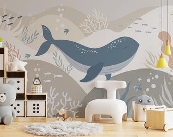 Blue Whale Ocean Peel and Stick Wallpaper | Coastal Nursery Mural