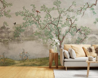 Tree Leaves Wall Mural | Lush Green White Blossoms River Side Removable Wallpaper