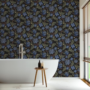 Blue Boho Floral Wallpaper | Vintage Botanical Wall Mural | Bedroom Living Room Decor | Cottagecore Style | Removable Peel and Stick Vinyl