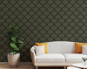 Black Green Damask Wallpaper Removable Gothic Wall Decor Vintage Bedroom Dark Academia Luxury Style