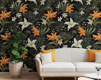 Peel Stick Botanical Floral Wallpaper | Dark Backdrop Lily Mural | Moody Vintage Style | Bedroom Decor