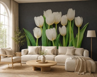 White Tulip Zen Floral Wallpaper Mural | Dark Large Peel and Stick Minimalist Botanical Style
