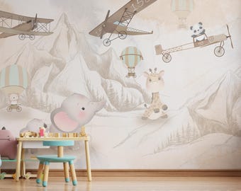 Animal Airplane Nursery Wallpaper | Beige Safari Wall Decor | Air Balloon Theme Kids Removable Mural