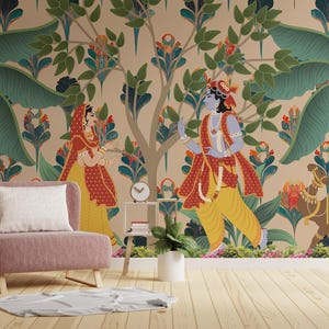 Meditation-ready vinyl mural of Radha Krishna in soft, calming colors for Indian-style yoga or mindfulness spaces in Atlanta. This spiritual mural fits perfectly as a wall accent in serene home environments. Printed using eco-ink for a safe and uplifting decor experience.