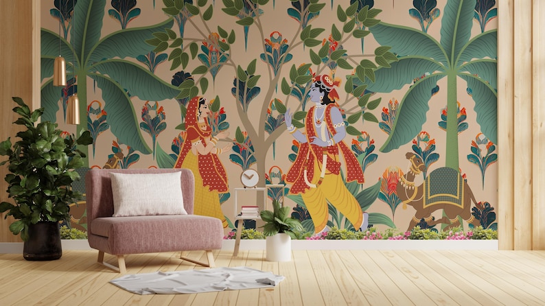 Meditation-ready vinyl mural of Radha Krishna in soft, calming colors for Indian-style yoga or mindfulness spaces in Atlanta. This spiritual mural fits perfectly as a wall accent in serene home environments. Printed using eco-ink for a safe and uplifting decor experience.