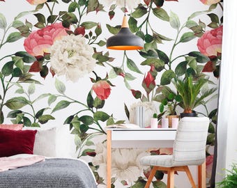 Watercolor Peony Floral Wallpaper | Pink & White Botanical Wall Mural | Peel and Stick Wall Covering